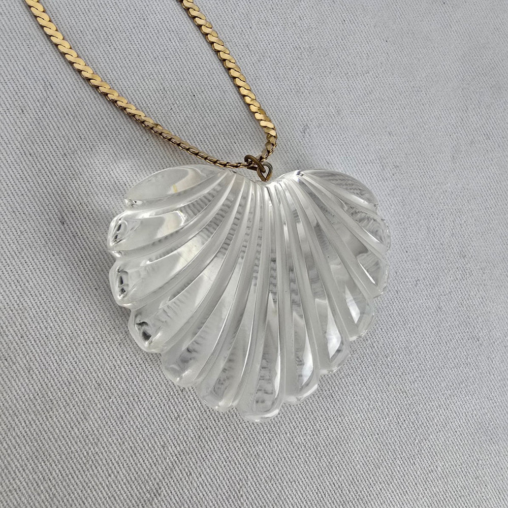 Vintage Clear Fluted Heart Pendant Necklace Gold Tone Chain Large Statement