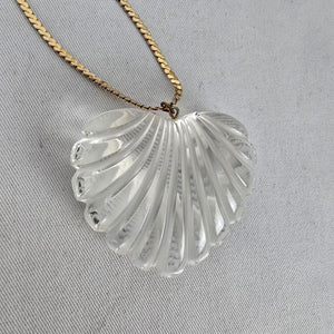 Vintage Clear Fluted Heart Pendant Necklace Gold Tone Chain Large Statement