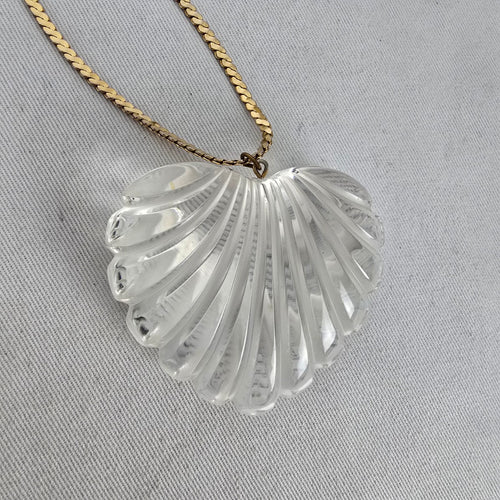 Vintage Clear Fluted Heart Pendant Necklace Gold Tone Chain Large Statement