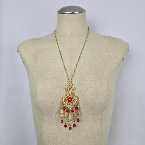 Vintage Style Gold Tone Filigree Red Bead Tassel Pendant Necklace