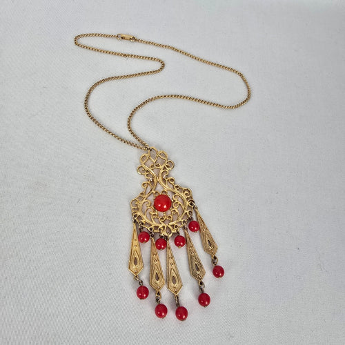 Vintage Style Gold Tone Filigree Red Bead Tassel Pendant Necklace