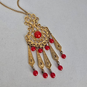 Vintage Style Gold Tone Filigree Red Bead Tassel Pendant Necklace