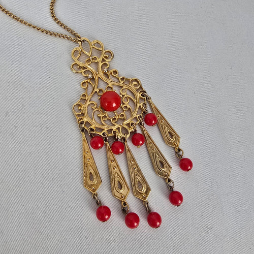 Vintage Style Gold Tone Filigree Red Bead Tassel Pendant Necklace