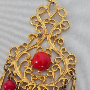 Vintage Style Gold Tone Filigree Red Bead Tassel Pendant Necklace