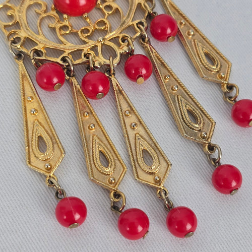 Vintage Style Gold Tone Filigree Red Bead Tassel Pendant Necklace