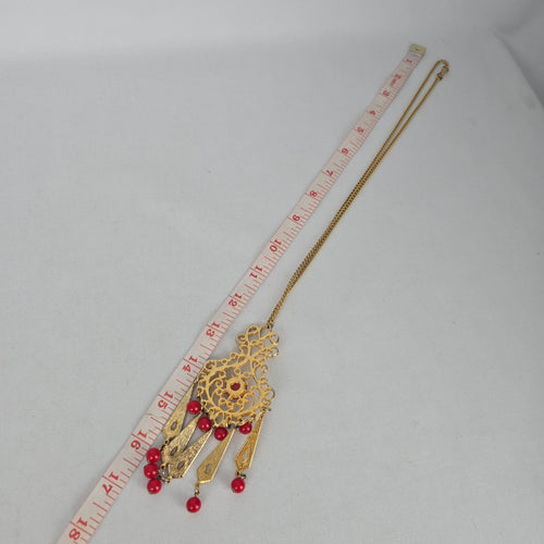 Vintage Style Gold Tone Filigree Red Bead Tassel Pendant Necklace