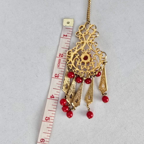 Vintage Style Gold Tone Filigree Red Bead Tassel Pendant Necklace