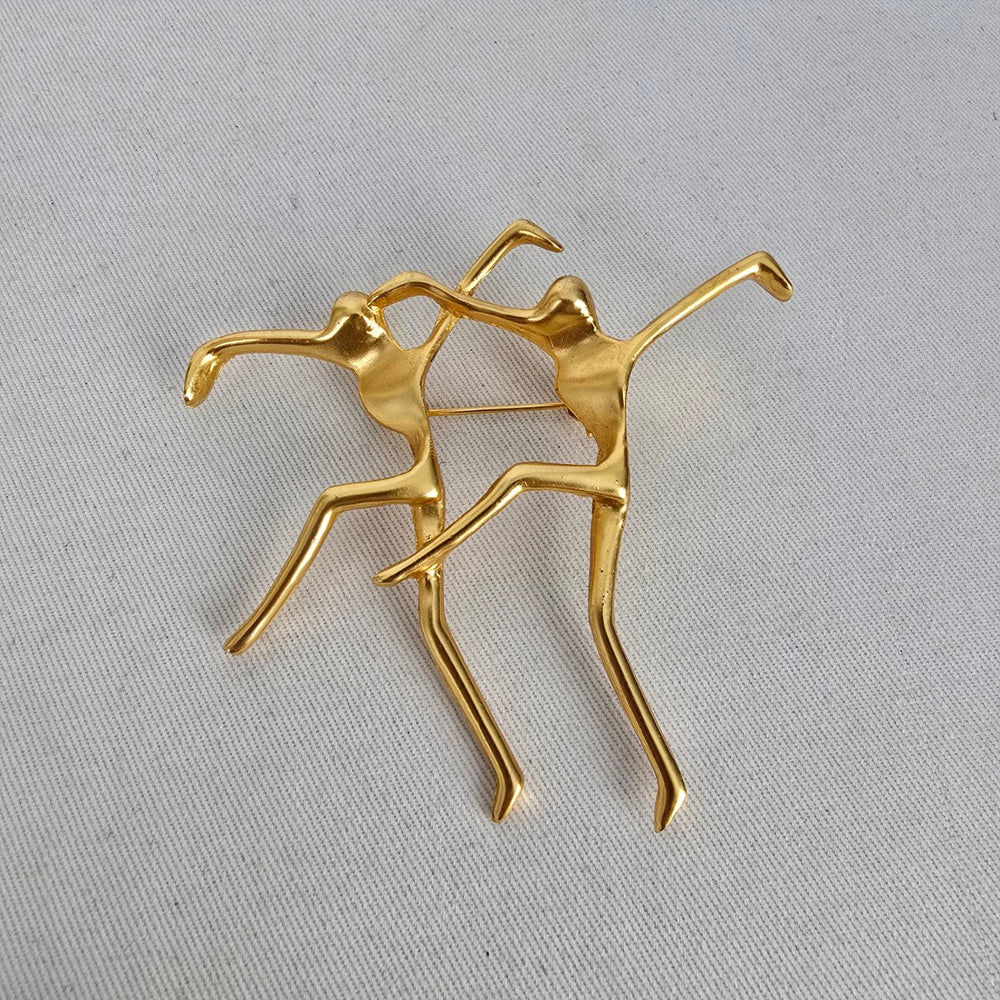 Vintage Gold Tone Abstract Dancing Figures Brooch Pin Minimalist Modernist