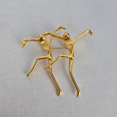 Vintage Gold Tone Abstract Dancing Figures Brooch Pin Minimalist Modernist