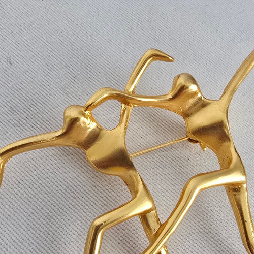 Vintage Gold Tone Abstract Dancing Figures Brooch Pin Minimalist Modernist