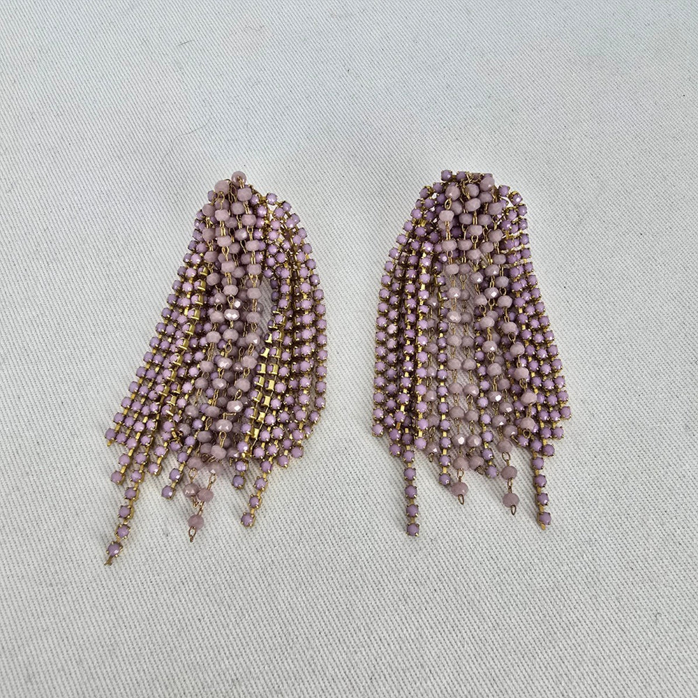 Vintage Gold Tone Purple Beaded Tassel Dangle Statement Earrings