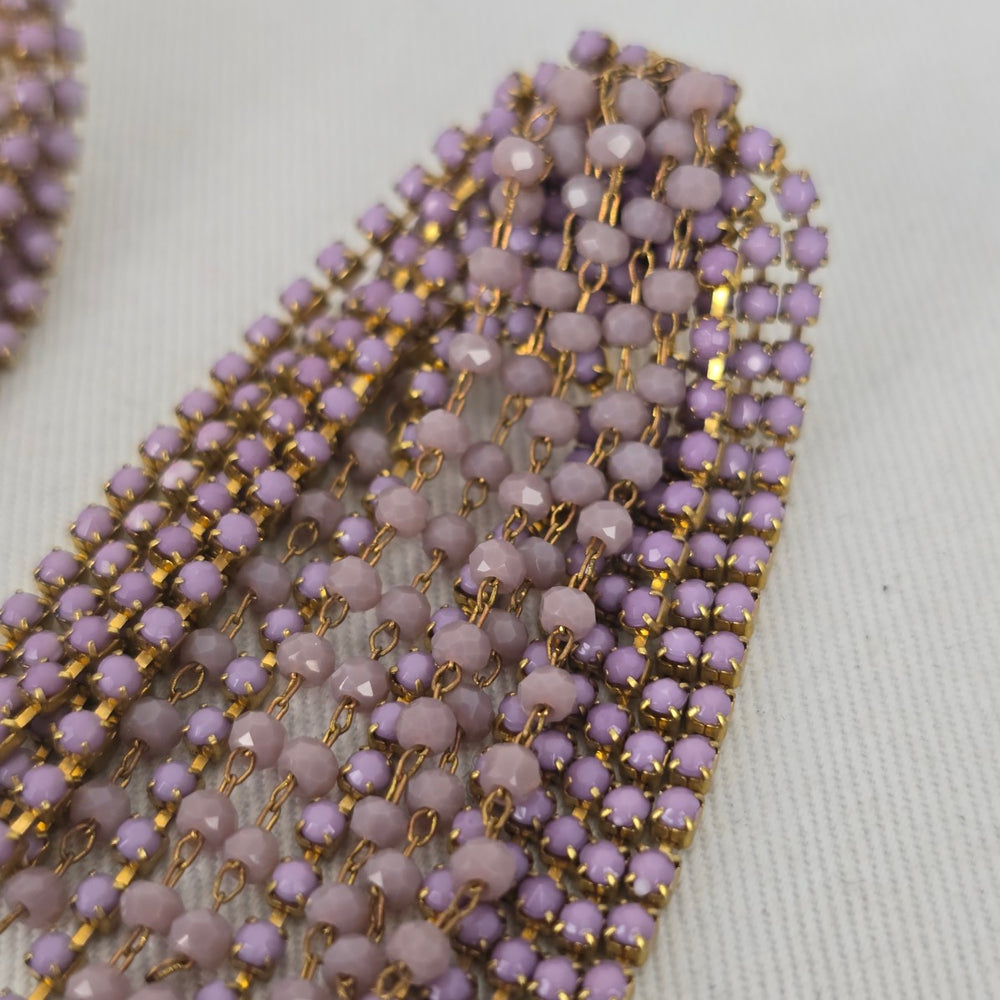 Vintage Gold Tone Purple Beaded Tassel Dangle Statement Earrings