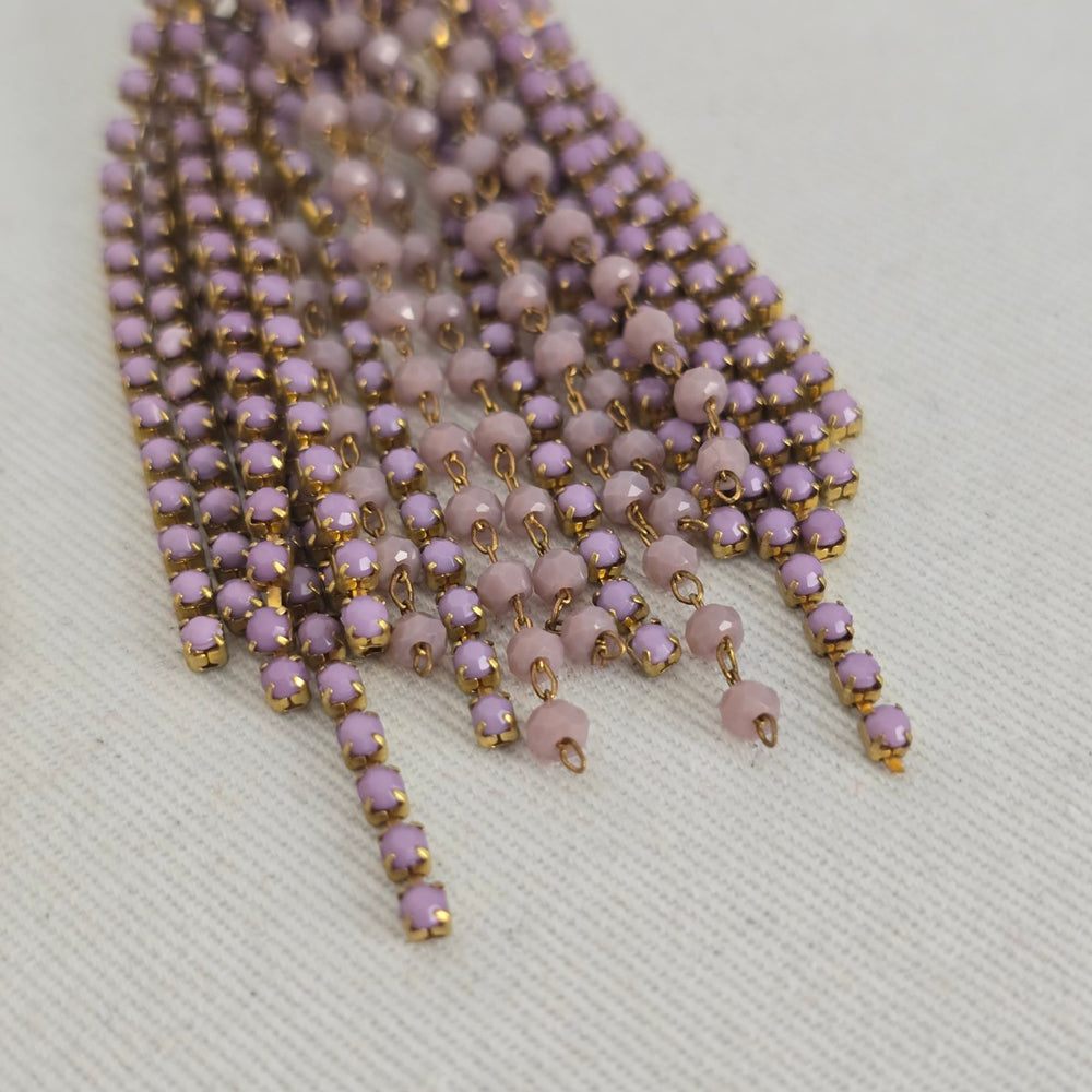Vintage Gold Tone Purple Beaded Tassel Dangle Statement Earrings