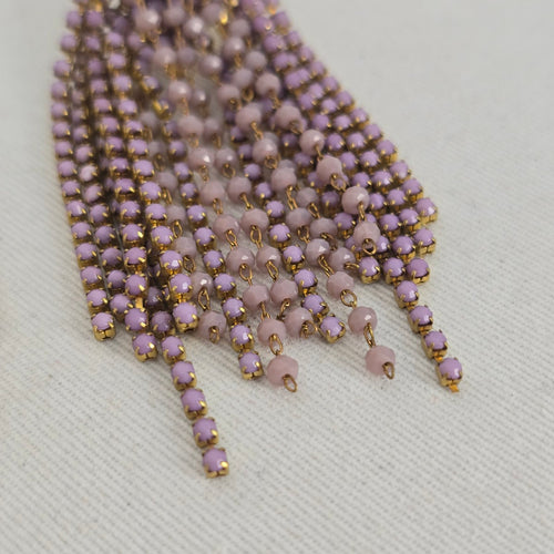 Vintage Gold Tone Purple Beaded Tassel Dangle Statement Earrings