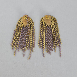 Vintage Gold Tone Purple Beaded Tassel Dangle Statement Earrings