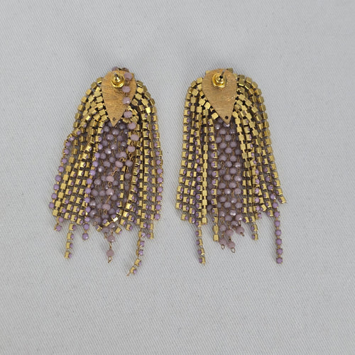 Vintage Gold Tone Purple Beaded Tassel Dangle Statement Earrings