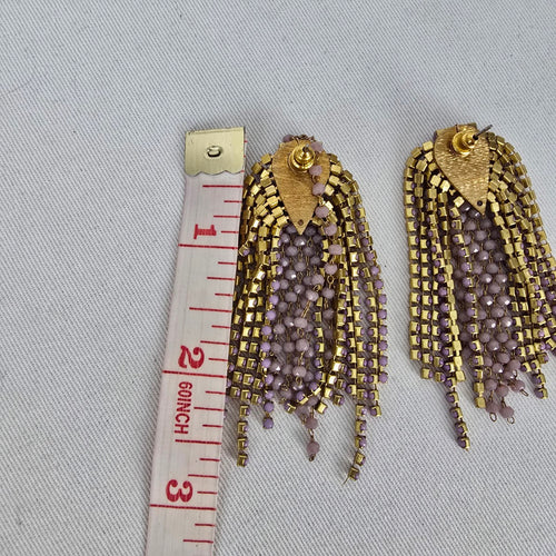 Vintage Gold Tone Purple Beaded Tassel Dangle Statement Earrings