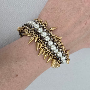 Stella & Dot Jacinthe Statement Bracelet Gold Tone Faux Pearl Spike Chain Bracelet