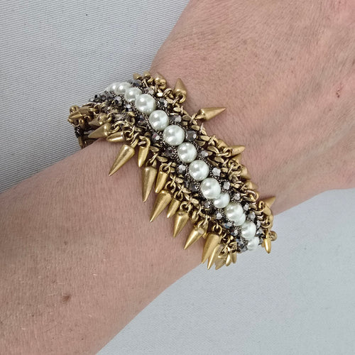 Stella & Dot Jacinthe Statement Bracelet Gold Tone Faux Pearl Spike Chain Bracelet