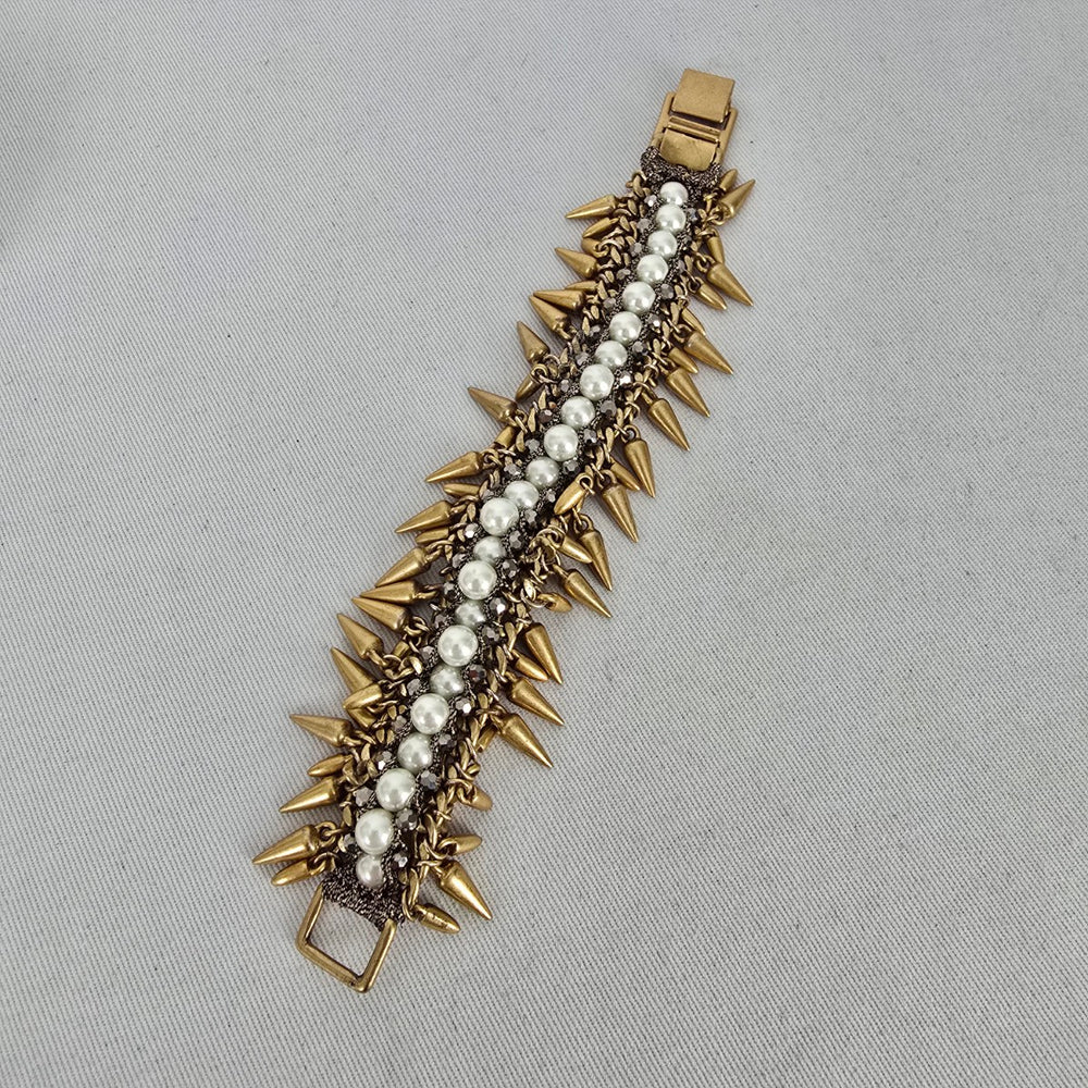 Stella & Dot Jacinthe Statement Bracelet Gold Tone Faux Pearl Spike Chain Bracelet