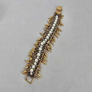 Stella & Dot Jacinthe Statement Bracelet Gold Tone Faux Pearl Spike Chain Bracelet