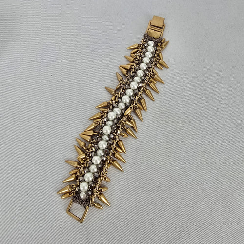 Stella & Dot Jacinthe Statement Bracelet Gold Tone Faux Pearl Spike Chain Bracelet