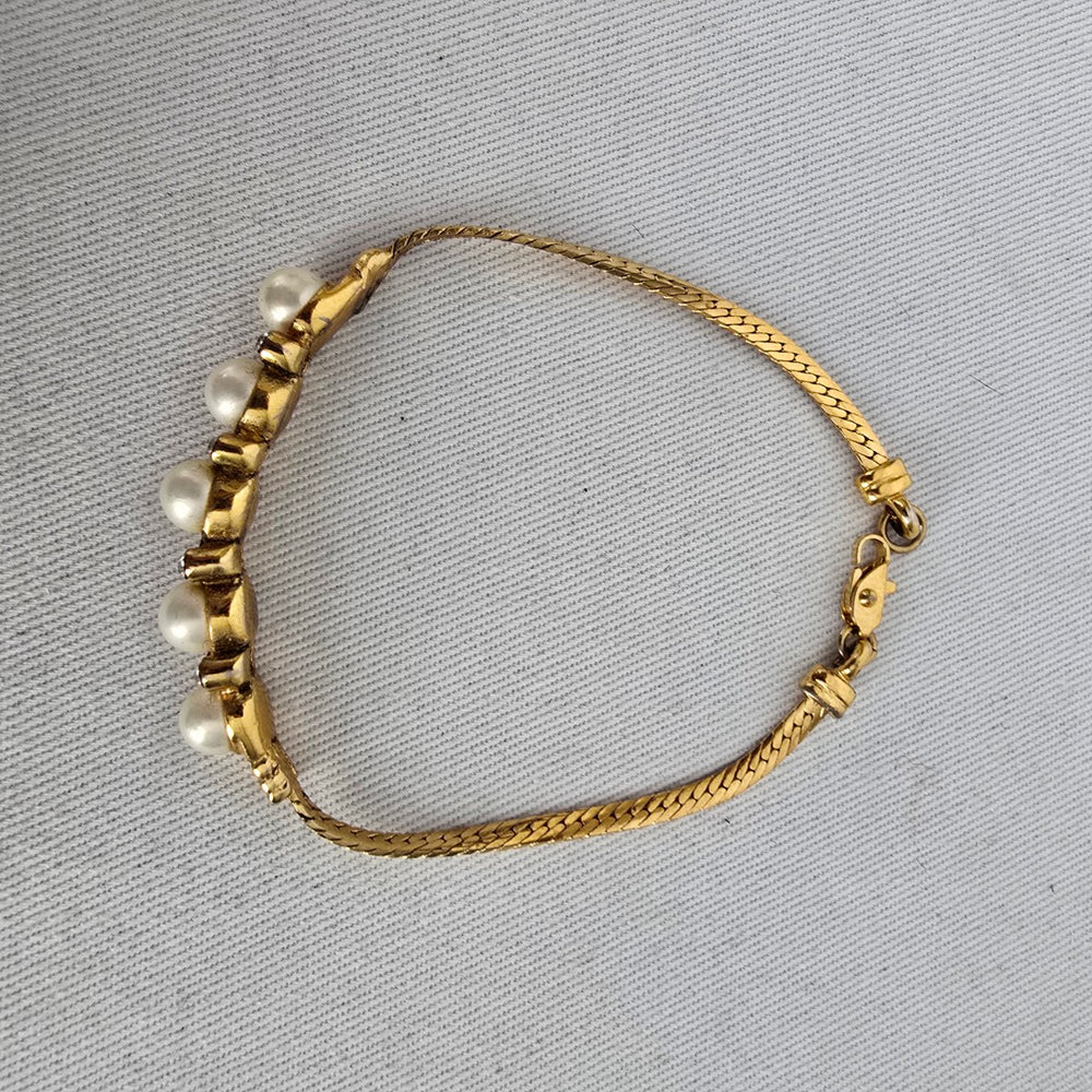 Vintage Gold Tone Faux Pearl Rhinestone Bracelet