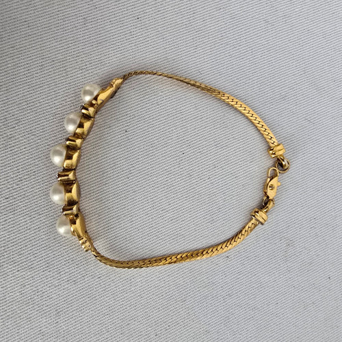 Vintage Gold Tone Faux Pearl Rhinestone Bracelet