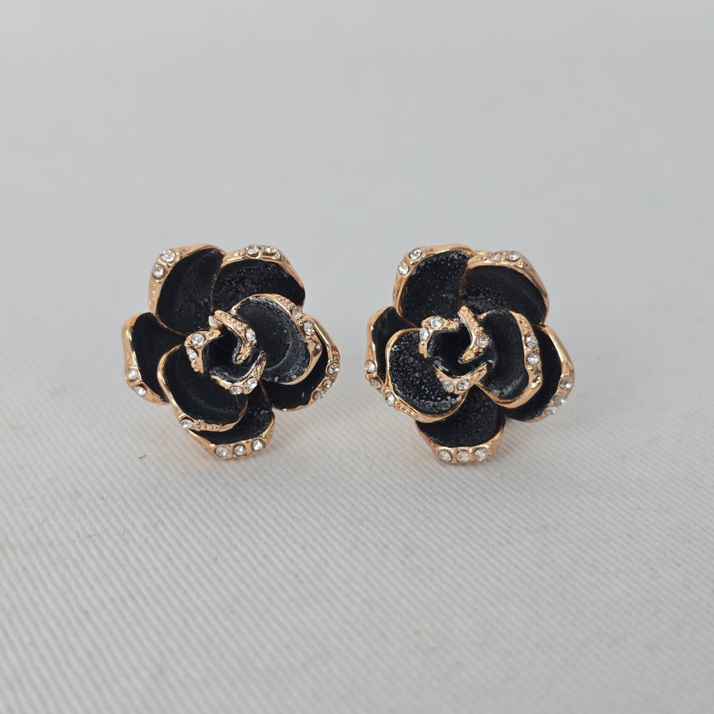 Black Enamel Rose Flower Earrings Gold Tone Rhinestone Accent