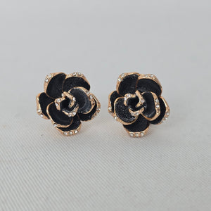 Black Enamel Rose Flower Earrings Gold Tone Rhinestone Accent