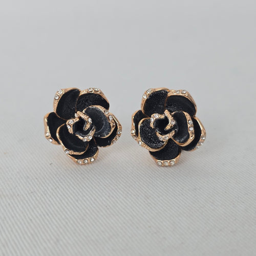 Black Enamel Rose Flower Earrings Gold Tone Rhinestone Accent