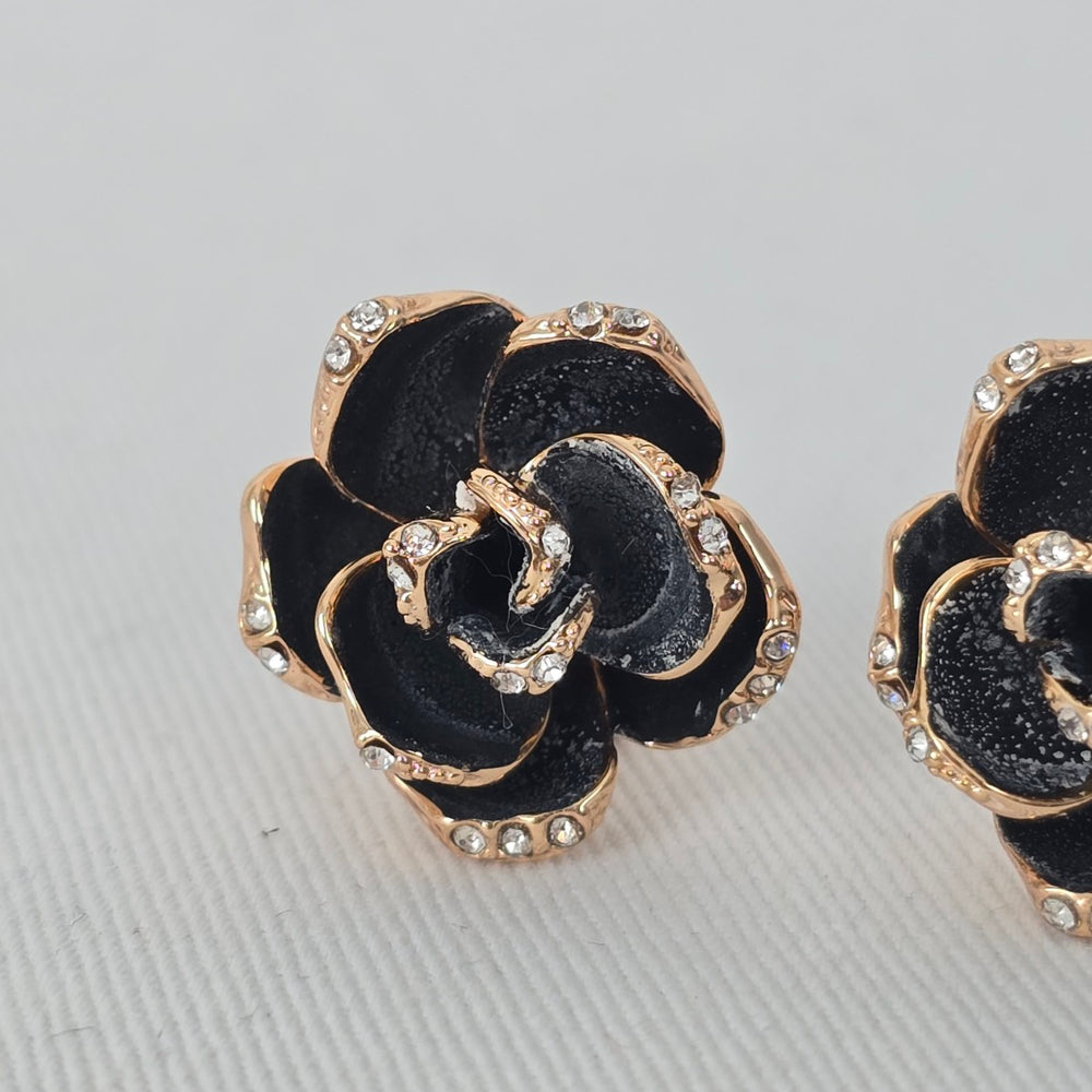 Black Enamel Rose Flower Earrings Gold Tone Rhinestone Accent