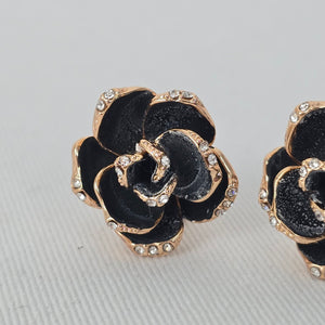 Black Enamel Rose Flower Earrings Gold Tone Rhinestone Accent