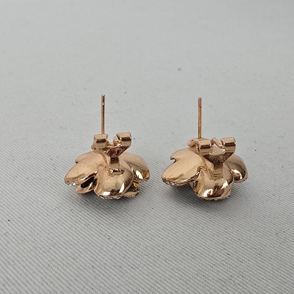 Black Enamel Rose Flower Earrings Gold Tone Rhinestone Accent