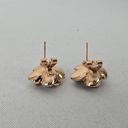 Black Enamel Rose Flower Earrings Gold Tone Rhinestone Accent