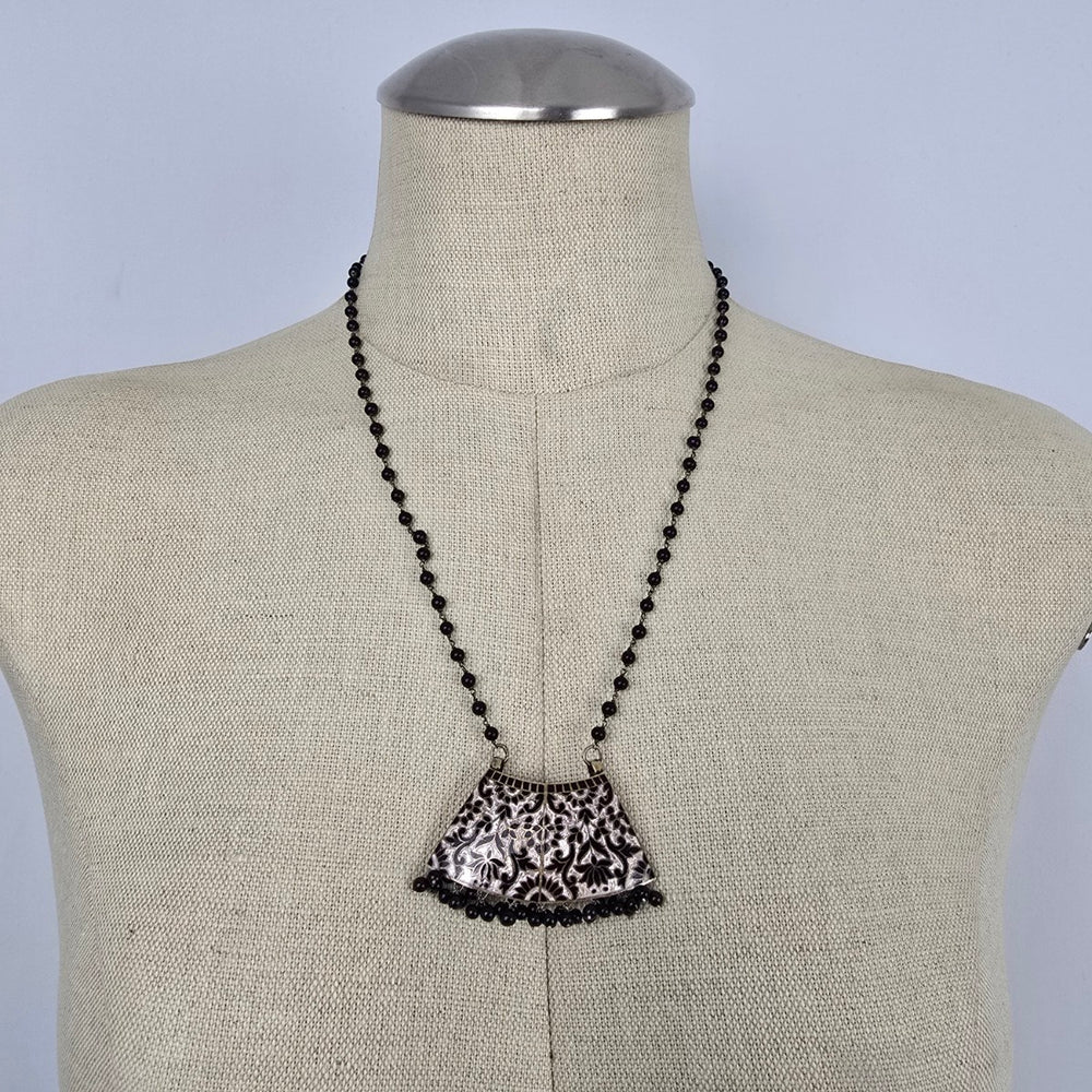 Vintage Boho Black Beaded Etched Bib Statement Pendant Necklace