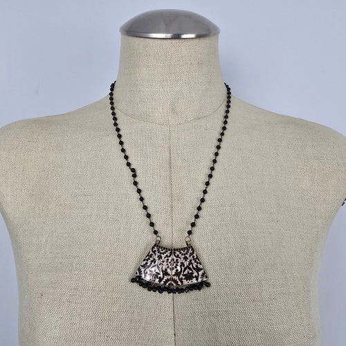 Vintage Boho Black Beaded Etched Bib Statement Pendant Necklace