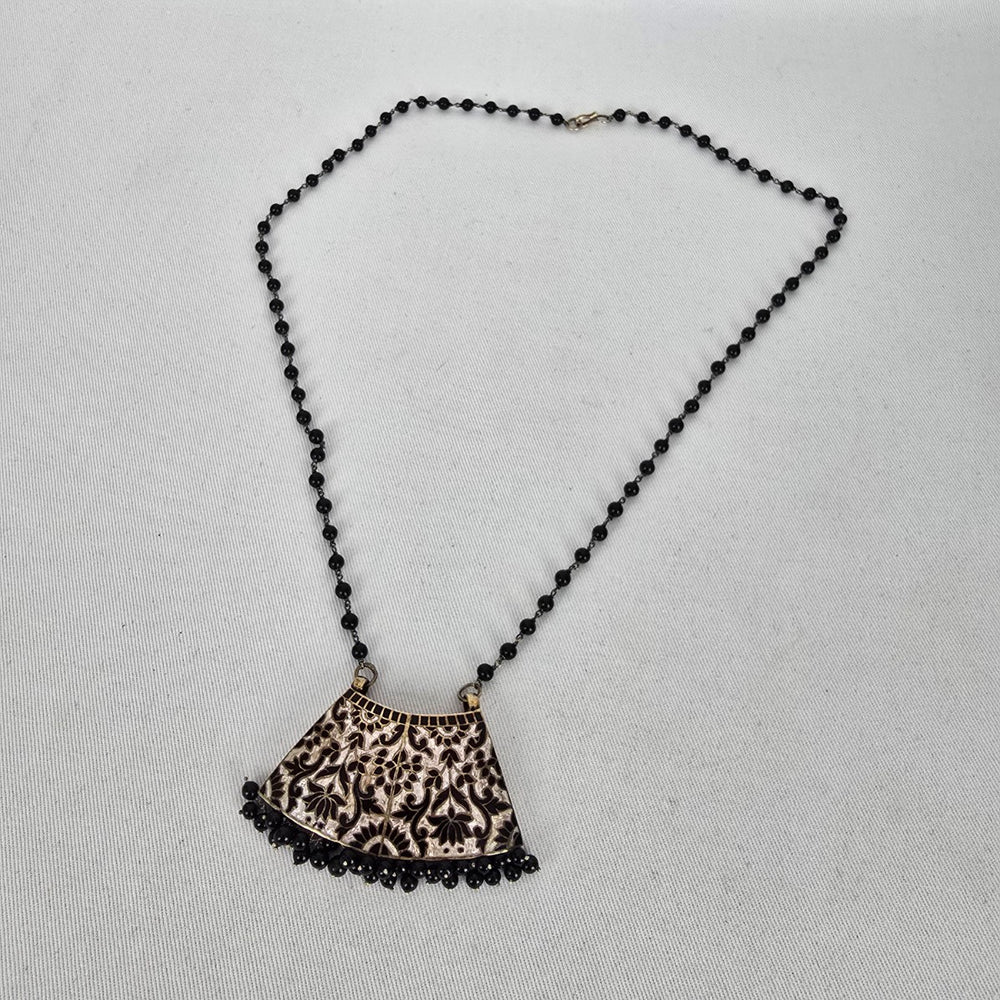 Vintage Boho Black Beaded Etched Bib Statement Pendant Necklace
