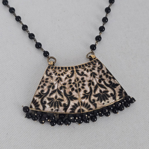 Vintage Boho Black Beaded Etched Bib Statement Pendant Necklace