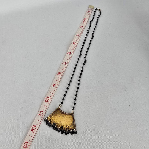Vintage Boho Black Beaded Etched Bib Statement Pendant Necklace