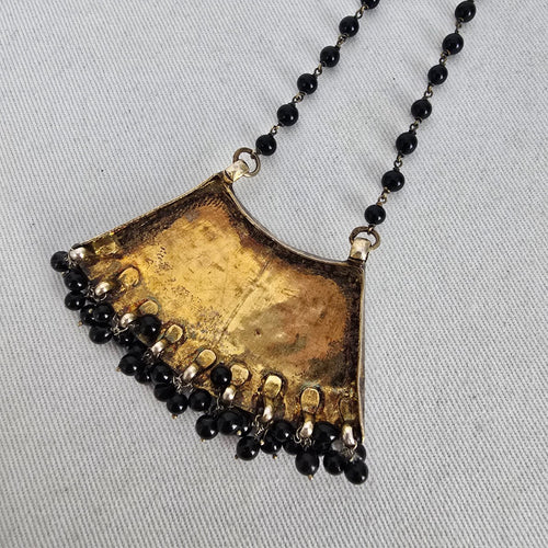 Vintage Boho Black Beaded Etched Bib Statement Pendant Necklace