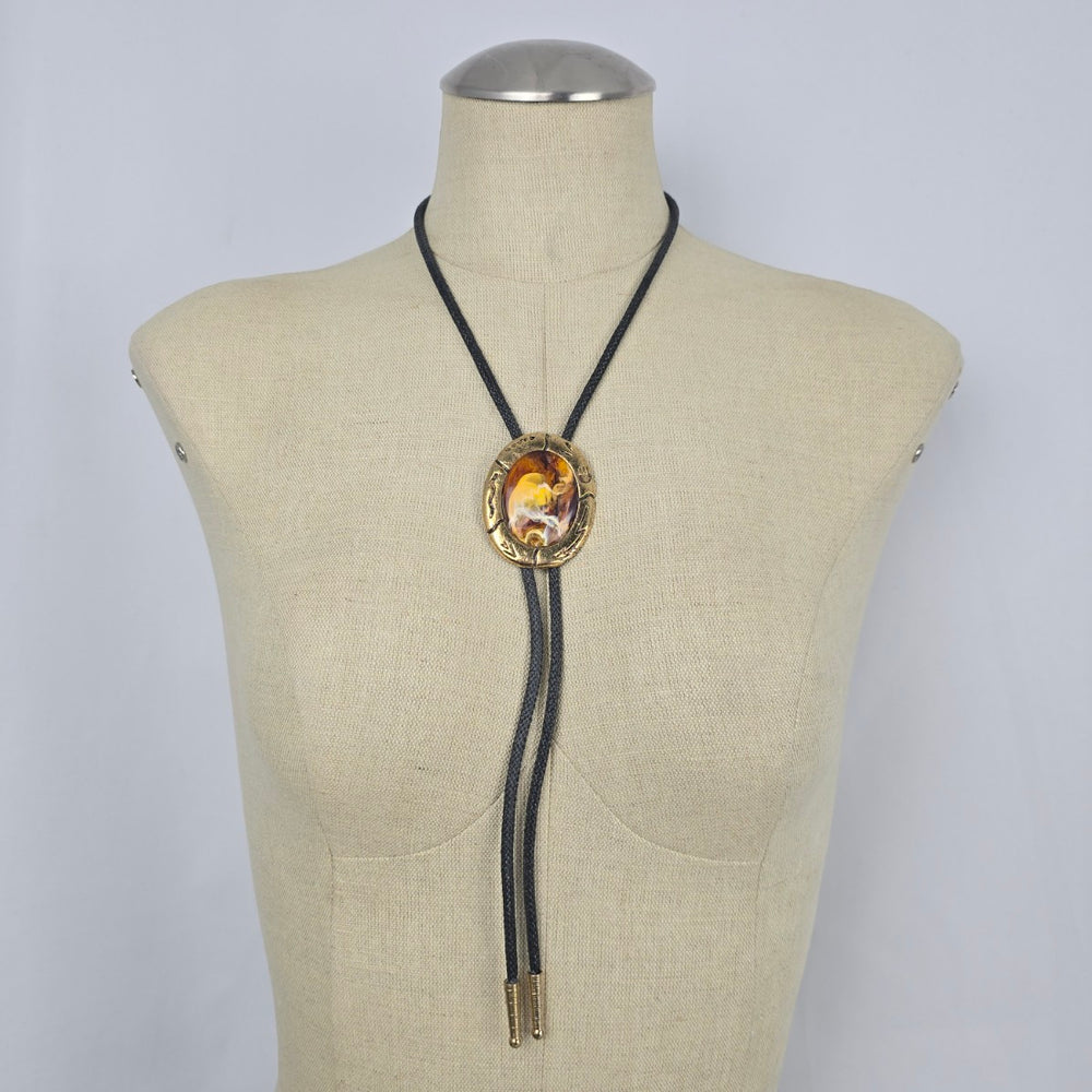 Vintage Gold Tone Agate Stone Western Bolo Tie Necklace