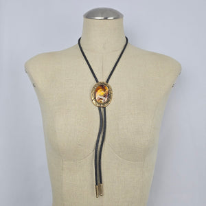 Vintage Gold Tone Agate Stone Western Bolo Tie Necklace