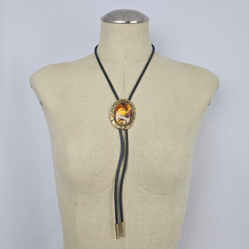Vintage Gold Tone Agate Stone Western Bolo Tie Necklace