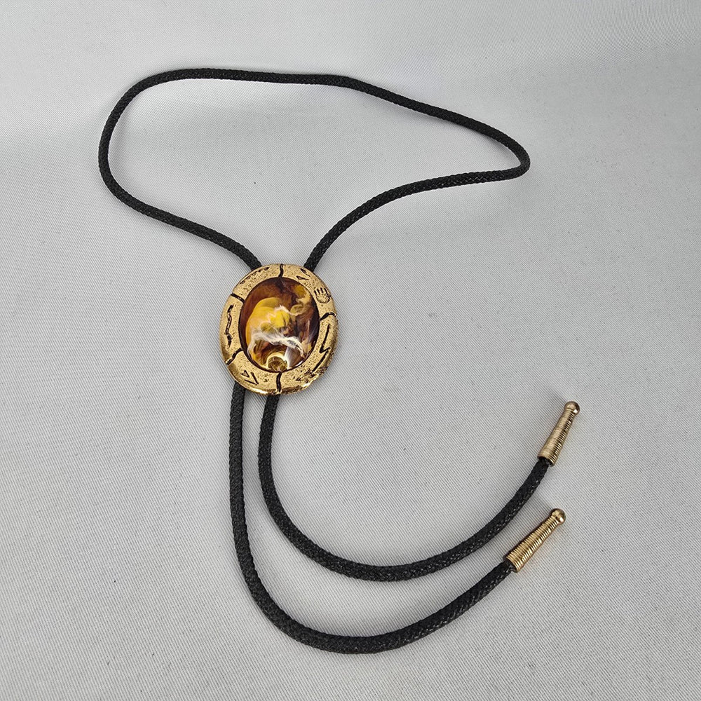 Vintage Gold Tone Agate Stone Western Bolo Tie Necklace