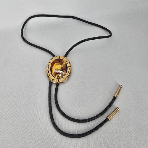 Vintage Gold Tone Agate Stone Western Bolo Tie Necklace