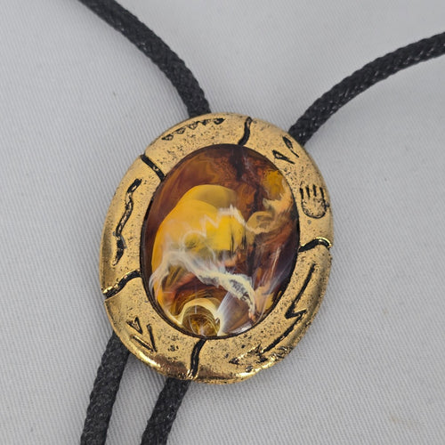 Vintage Gold Tone Agate Stone Western Bolo Tie Necklace