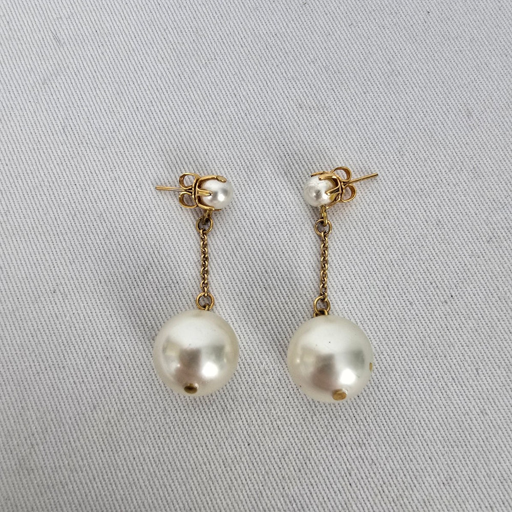 Vintage Gold Tone Faux Pearl Dangle Drop Earrings