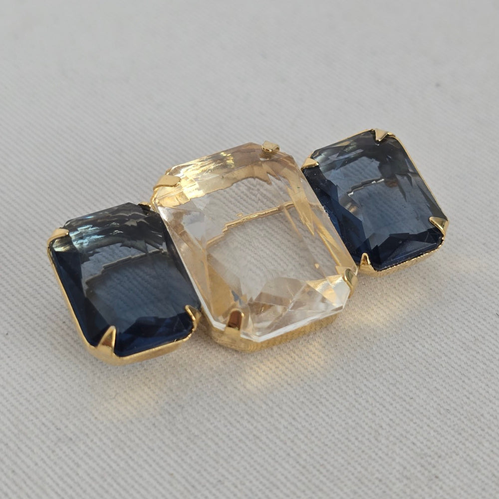 Vintage Avon Gold Tone Blue & Clear Faceted Crystal Bar Brooch Pin