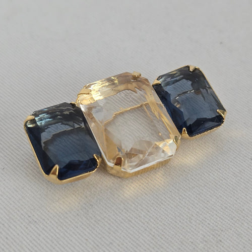 Vintage Avon Gold Tone Blue & Clear Faceted Crystal Bar Brooch Pin